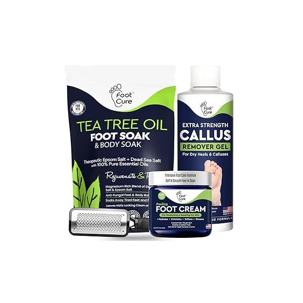 FOOT CURE Exfoliator & Callus Remover Pedicure Set - Care Kit Includes File for Dead Skin, Tea Tree Oil Soak Salts, Urea Cream 40 Percent Removal Gel Made in USA, Ivory, 4 Piece