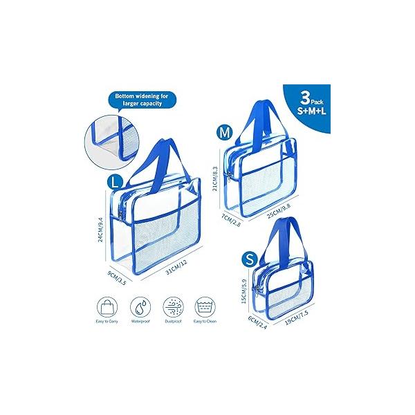 XEWEA Clear Travel Toiletry Bags, 3 Pack TSA Approved Transparent Makeup Bag for Men Women, Large Waterproof PVC Quart Organizer with Zipper Toiletries Airline Essential,Toy Storage Pouch Purple