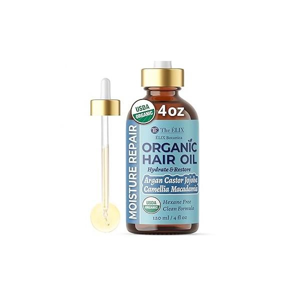 USDA Organic Hair Oil for Moisture Repair - 4OZ Cold Pressed & Hexane Free Blend of Argan, Castor, Jojoba, Camellia Macadamia Oils Made in USA Nourishing Scalp Treatment Women Men
