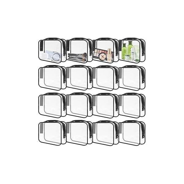 16 Pieces Clear Makeup Bags Bulk, TSA Approved Toiletry Travel Pouch, Waterproof PVC Plastic Small Cosmetic with Zipper for Organizing (Black Border)