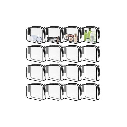 16 Pieces Clear Makeup Bags Bulk, TSA Approved Toiletry Travel Pouch, Waterproof PVC Plastic Small Cosmetic with Zipper for Organizing (Black Border)