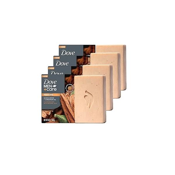 DOVE MEN + CARE Cleansing Bar Soap Sandalwood Cardamom Oil 4 Bars to Rebuild Skin in the Shower, a 4in1 Hair, Body, Face & Shaving with Plant-Based Cleanser and Natural Oils 5 oz