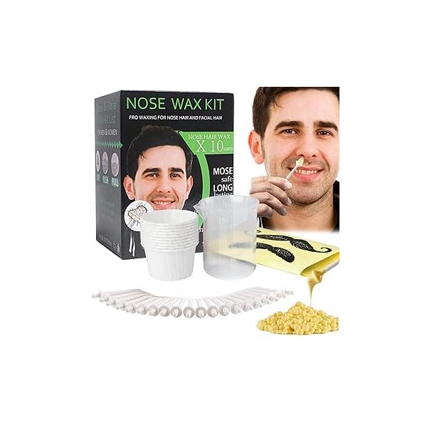 Nose and Ear Hair Waxing Kit - Removal Set for Men Women with 50g Wax Beads, 20 Applicators (10 times), 10 Paper Cups, Mustache Guards