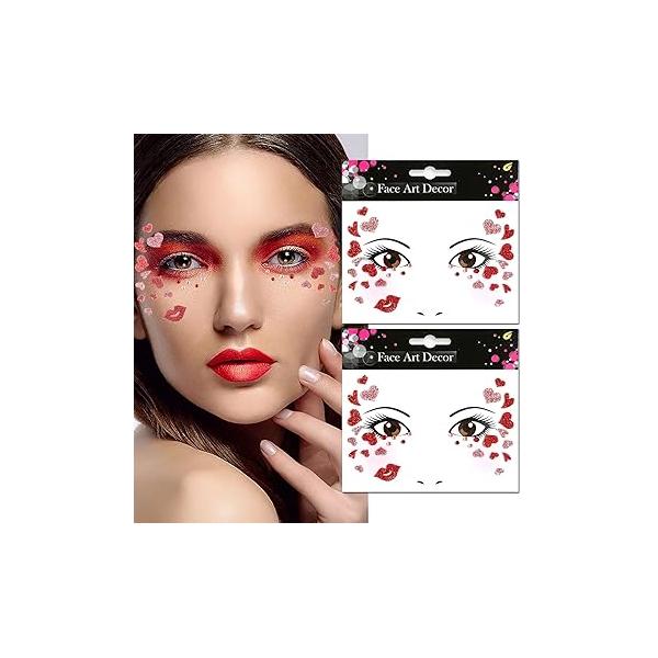 Unicorn Fake Tattoos Glitter Cartoon Face Temporary Cute Red Pink Hearts Jewels Tattoo Stickers for Adults Kids Christmas New Year Eye Makeup Kit Decor Supplies 2Pcs