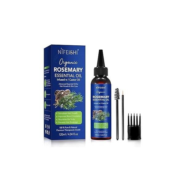 Rosemary Essential Oil for Hair Growth, Scalp Massage and Body - 120ml Pure Organic Infusion with Castor Oil, Improves Blood Circulation, Reduces Loss