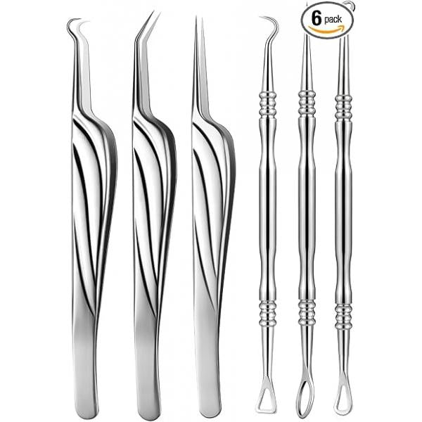 FVION Blackhead and Acne Extractor Kit, Professional Pimple Popper Tool Tweezers Remover Tools for Face, 6 PCS Surgical Popping