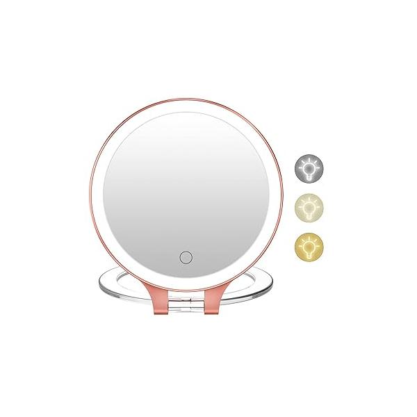 FASCINATE Magnifying Mirror 10X 1X Double Sided Magnification Makeup Vanity Rechargeable Lighted with 3 Color Setting Adjustable Rotation LED Desk