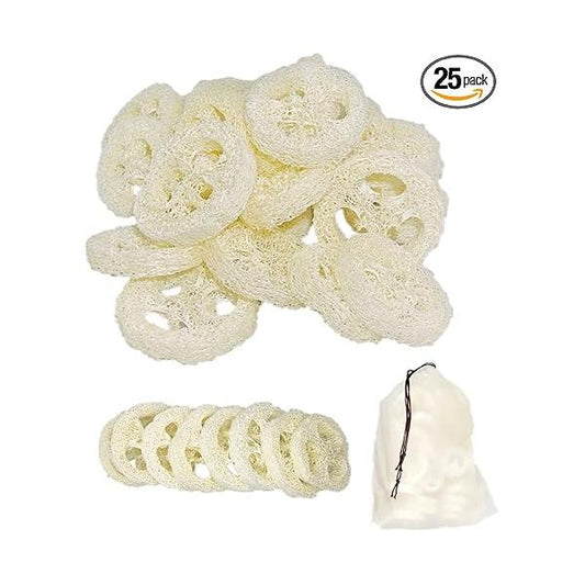 25Pcs Natural Loofah Slices of 2In, Reusable Cuts for Cleaner Sponge Scrubber, Facial Soap Holder and DIY Customize Tools Wholesome Skin Care Exfoliation with 1 Storage Bag