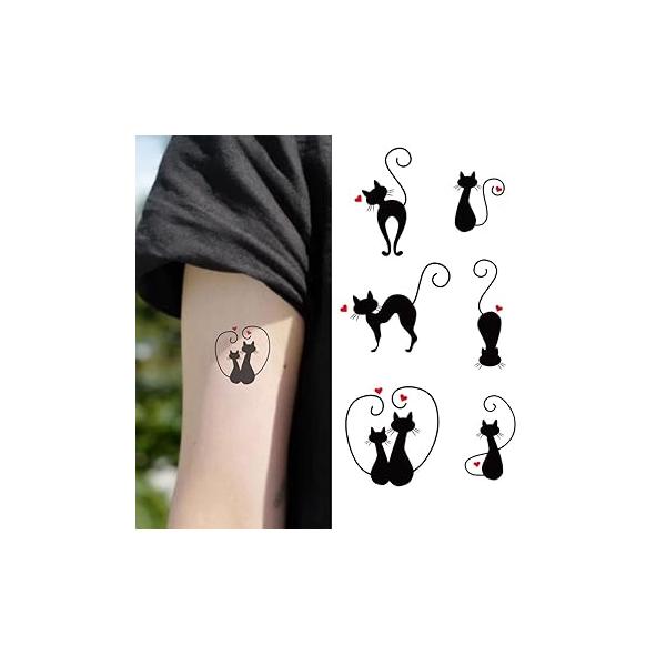 Small Cute Temporary Tattoo Sticker Set of 2 - Black Cat Tail Totem Love Heart Couple Designs for Hand Neck Face Wrist, Waterproof Fake Body Art, Simple & Modern Unisex Skin Decals