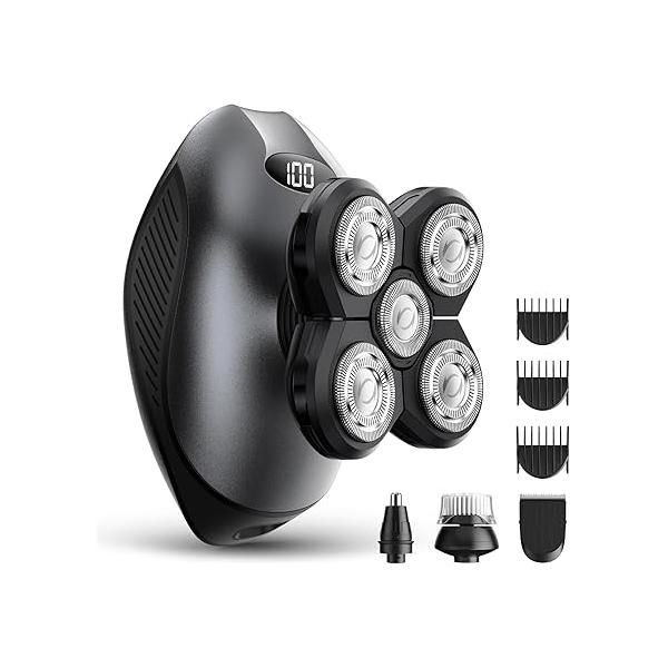 Head Shavers for Bald Men, 5 in 1 Electric Razor IPX7 Waterproof 5D Rotary Shaver, Wet Dry Shavers, LED Display Rechargeable with Grooming Kit，for & Face Shaver