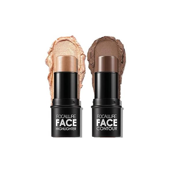 FOCALLURE 2 Pcs Mineral Cream Contour Stick,Moisturize Highlighter and Bronzer Pen,Non Stick Face Brightens & Shades Pencil,Long Lasting Smooth Gliding Illuminator Makeup,Light-medium