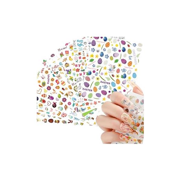 Easter Nail Art Stickers 8 Sheets 3D Self-Adhesive Decals Supplies Bunny Eggs Chicken Cartoon Rabbits Sticker Set Manicure Decorations for Kids Girls Women Sliders Decal Accessories