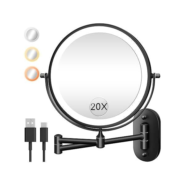 Wall Mounted Makeup Mirror with Light, 20X/1X 8'' Double Sided LED Magnifying Bathroom Lighted Vanity Magnification, 3 Color Light up Touch Dimmable Extended Arm 360 Rotation