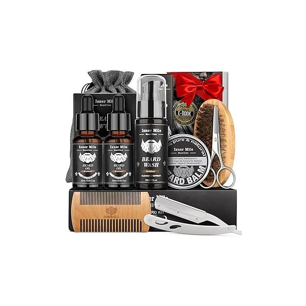 Isner Mile Beard Grooming Kit for Men: Trimming Sets with Wash/Shampoo - Oil Balm Brush Comb Scissors & Storage Bag, Valentines Birthday Fathers Gifts Dad Men Husband Boyfriend