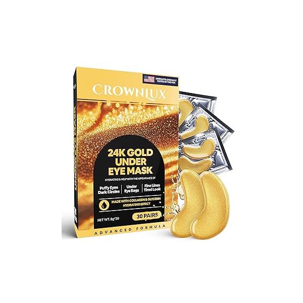 Under Eye Masks (30 Pairs), 24K Gold Patches for Puffy Eyes, Dark Circles, Bags, Refreshes Skin, Firm Glowy Youthful More Elastic Skin Hydration, Collagen Care Products