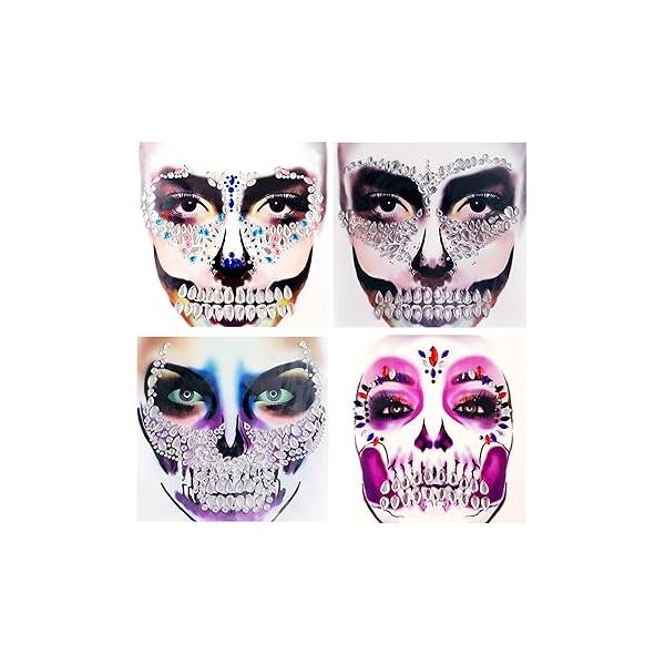 Rhinestone Face Jewels, 3-Pack Day of the Died Gems Halloween Temporary Tattoo, Stick on Hollowing Prank Makeup Costume