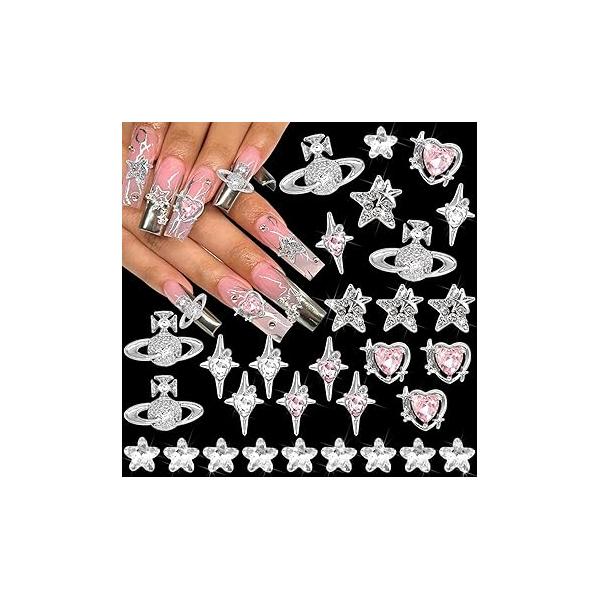 RODAKY 1000PCS Flower Nail Charms Silver Butterfly Art Jewelry Pink 3D for Nails Metal Butterflies Gems Resin Decoration Manicure DIY, Pink&White