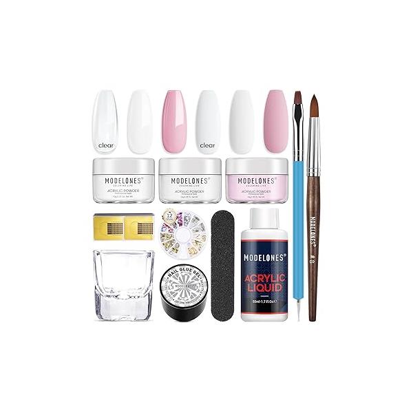 modelones Acrylic Nail Kit Clear Powder/White/Pink Powder and Liquid Set with Gel Nails Glue, Brush, 11pcs Extension for Beginner