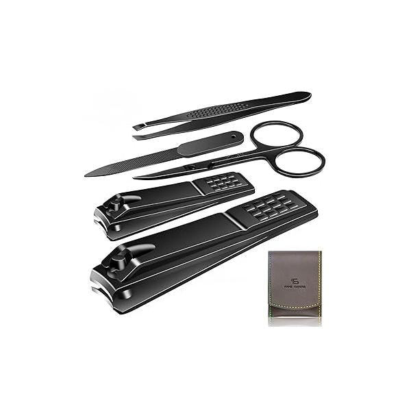 Manicure Pedicure Kit Nail Clippers Set Fingernails & Toenails Vibrissac Scissor 5 Pieces Best Care Tools for Man Women with Travel Case (Gray/Black_A)