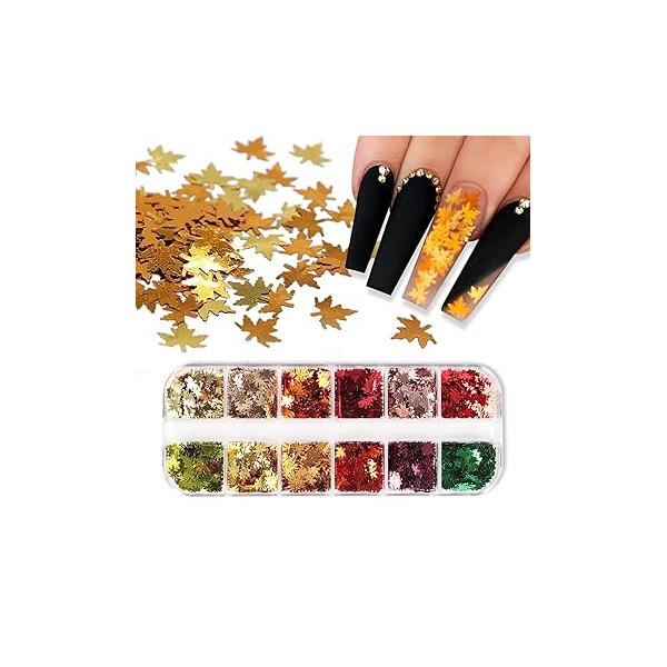 Fall Maple Leaf Nail Sequins Glitter Holographic Art Design Autumn Stickers 3D Leaves Flakes for Women Girl Confetti Decals Thanksgiving Decoration