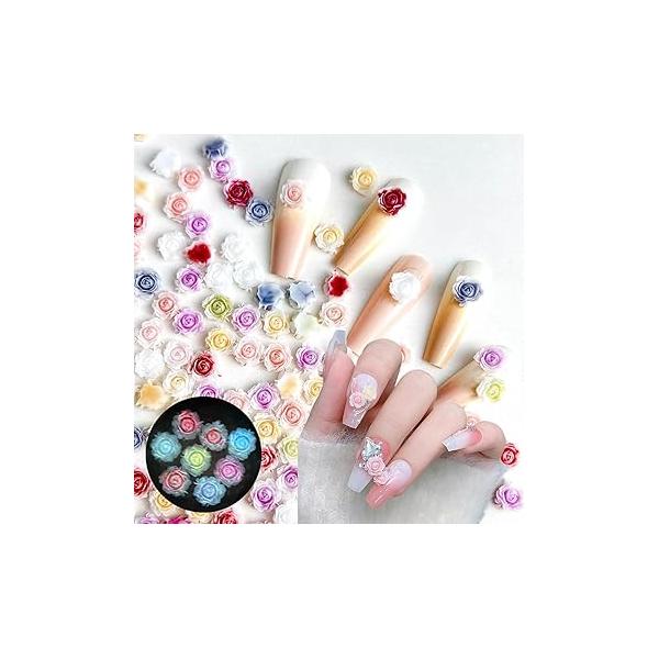 50Pcs Cute Flower Nail Charms Mixed Size Flowers for Nails Colorful Floral Rhinestones Carved Resin Design 3D Camellia Rose Supplies Accessories Women