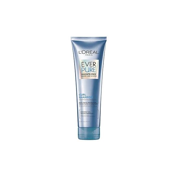 L'Oreal Paris Sulfate Free Shampoo for Curly Hair, Lightweight, Anti-Frizz Hair Care with Coconut Oil, EverPure, 8.5 Fl Oz (Packaging May Vary)