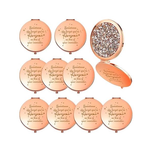 Roowest 10 Pcs Inspirational Compact Mirror Sometimes You Forget You're Awesome Appreciation Gifts for Women Employee Coworker Friends Birthday Party Favors Magnifying Pocket (Rose Gold)