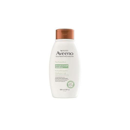 Aveeno Strength & Length Plant Protein Blend Shampoo, Vegan Formula for Strong Healthy-Looking Hair, White, Unscented, 12 Fl Oz