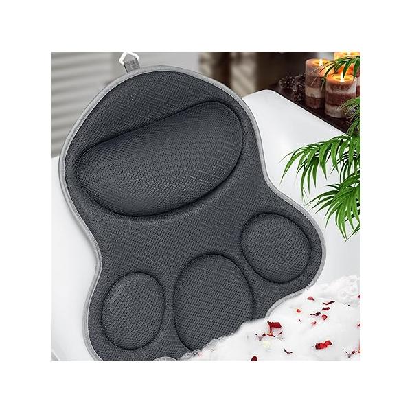 Luxury Bath Pillows for Tub - Extra Thick Non-Slip Bathtub Pillow with Rubber Back, Head & Neck Support Soaking, Spa Accessories, Women, Fits All Bathtubs (Gray)