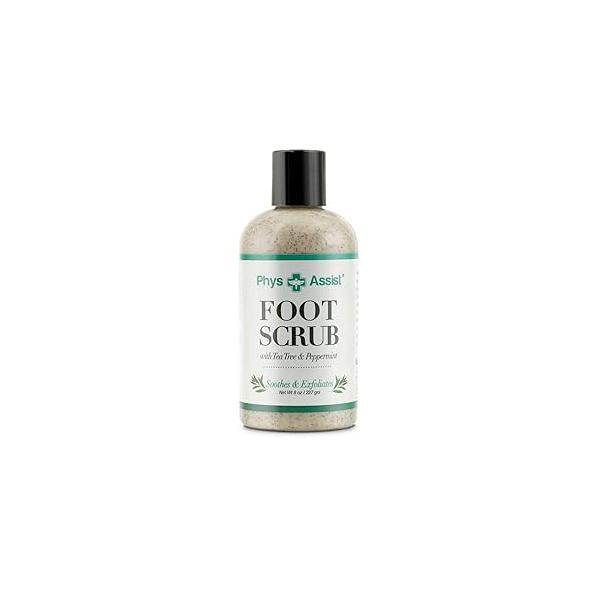 PhysAssist Foot Scrub 8 oz. with Tea Tree, Peppermint Soothes and Exfoliates Promoting a Deep Cooling Sensation Leaving Feet Feeling Calm Refreshed.