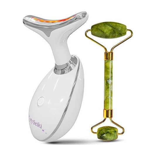 7 LED Light Beauty Tool - Face and Neck Massager with Jade Roller, Case, Cloth White