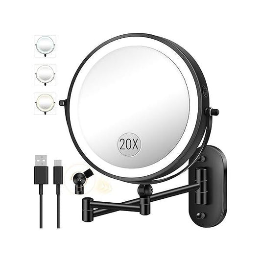 9" Wall Mounted Makeup Mirror with Light, 20X/1X Height Adjustable Double Sided Magnifying Bathroom Lighted Mirror, 3 Color Touch Dimmable Extended Arm 360 Rotation Light up Magnification Mirrors