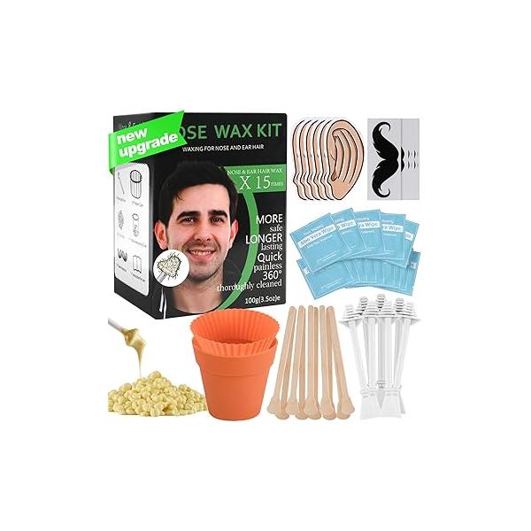 Nose and Ear Hair Waxing Kit - Removal Set for Men Women with 50g Wax Beads, 20 Applicators (10 times), 10 Paper Cups, Mustache Guards