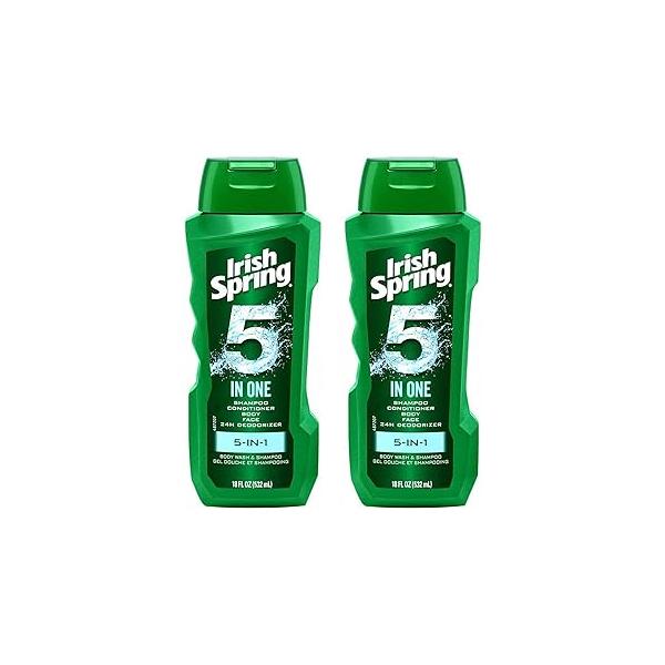 Irish Spring 5-in-1 Shampoo, Conditioner, Body Wash, Face Wash and Deodorizer, 18 oz (Pack of 2)