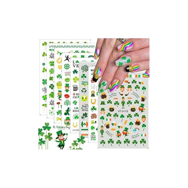 Shamrock Nail Stickers, 3D Self-Adhesive Acrylic Clover Irish Decals, Green Lucky Art Supplies for Women DIY Manicure Decorations