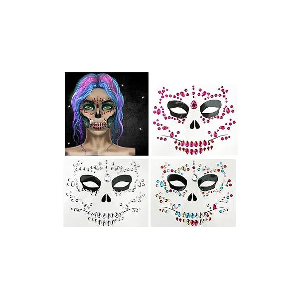 Rhinestone Face Jewels, 3-Pack Day of the Died Gems Halloween Temporary Tattoo, Stick on Hollowing Prank Makeup Costume