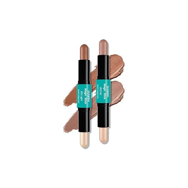 Contour Stick, 2Pcs Dual-Ended Highlighter Makeup Pen & Contouring Stick for Face Shaping, Long Lasting Waterproof Cream Bronzer Highlight Sticks Make Up Kit All Skin Tones (01# + 02#)