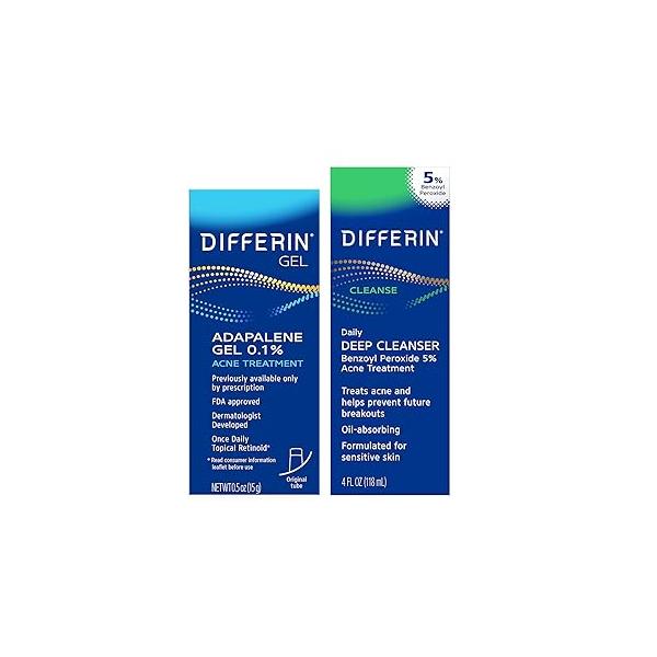 Differin Acne Skin Care Kit, Gel Retinoid Treatment for Face with 0.1% Adapalene & 5% Benzoyl Peroxide Wash Body Wash, Designed Pimple and Prone