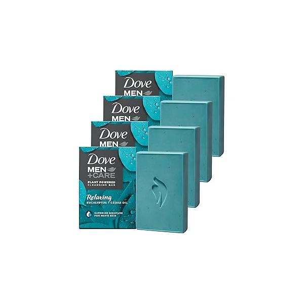 DOVE MEN + CARE Cleansing Bar Soap Eucalyptus Cedar Oil 4 Count to Rebuild Skin in the Shower, a 4in1 Hair, Body, Face & Shaving with Plant-Based Cleanser and Natural Oils 5 oz