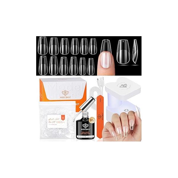 modelones Gel Nail Kit Short Almond Tips, 9-in-One Glue with Portable U V Lamp, 216Pcs 12Sizes Press On Acrylic False Nails Tip Extension DIY Art Gift for Women