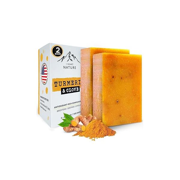 Organic Turmeric Soap for Dark Spots & Acne with Clove Bud (2 Packs) - Face Body Bar Rich, Creamy Lather Natural Skin Glow Aromatherapy