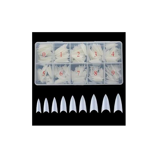 Stiletto Nail Tips 500Pcs Short Sharp Ending False Acrylic Nails Tip Half Cover 10 Sizes with Box for Salons Home DIY (Natural)