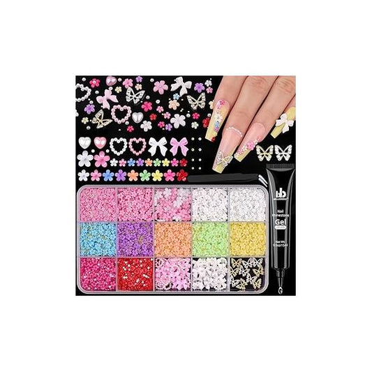 3D Nail Charms with Rhinestone Glue Gel for Art, Colorful Acrylic Flowers Caviar Beads and Flatback Pearls, Butterfly + Pearl (Bow Heart) Manicure Decor