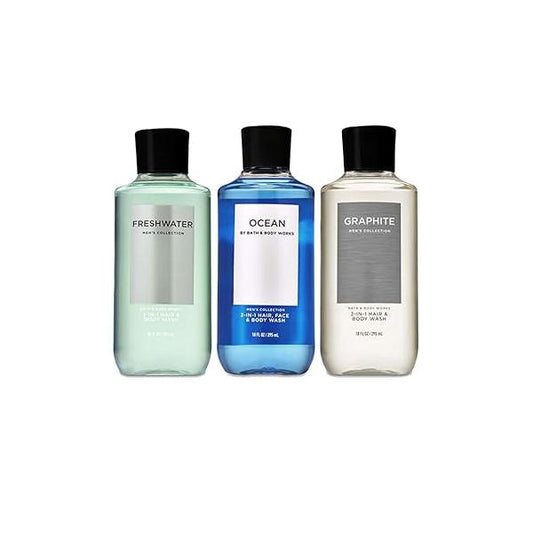 Bath and Body Works 3 Pack 2-in-1 Hair + Wash Freshwater, Graphite Ocean. 10 Oz.
