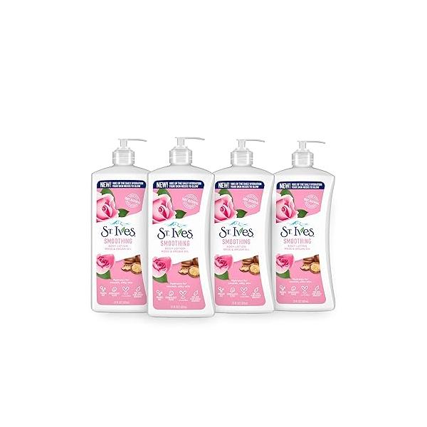 St. Ives Smoothing Hand & Body Lotion for Women with Pump, Daily Moisturizer Rose and Argan Oil Dry Skin, Made 100% Natural Moisturizers, 21 fl oz, 4 Pack