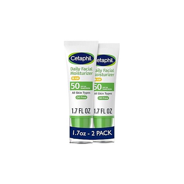 Cetaphil Daily Facial Moisturizer SPF 50, 1.7 Fl Oz (Pack of 2), Gentle For Dry to Normal Skin Types, No Added Fragrance, Dermatologist Recommended (Packaging May Vary)