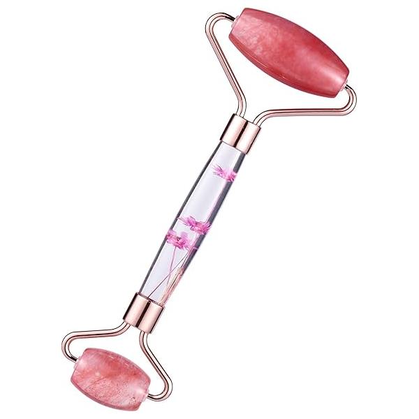 Amogeeli Cherry Quartz Stone Roller for Face, Beauty Massage Facial Wrinkles, Puffiness