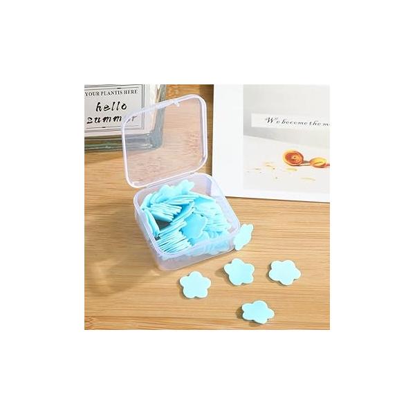 100Pcs Blue Mini Portable Travel Soap Paper Sheets,Flower Shape Disposable Flakes, Cleaning Washing Hand Toiletry Sheets Foot and Care Cleansers