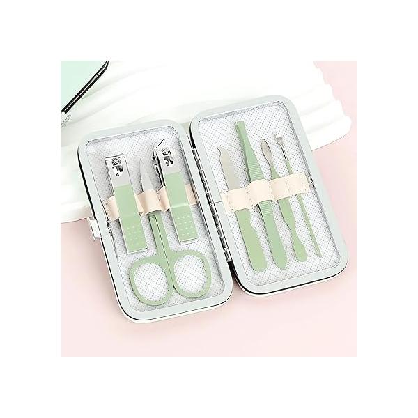 Manicure Set Nail Clipper Set, 7 Pcs Matcha Green Professional Pedicure Care Kit Beauty Tool, Purse Essentials Travel with Leather Case, Gift for Men and Women