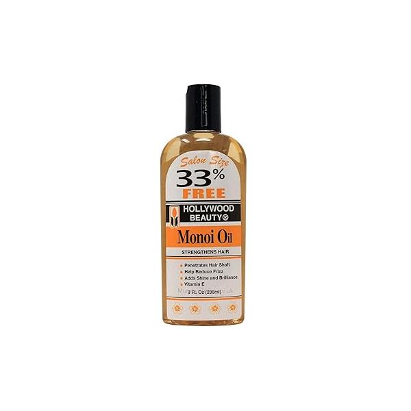 Hollywood Beauty Monoi Hair Oil, 8oz Bottle, Light Non-Greasy, Strengthens and Skin, Reduces Frizz, Vitamin E, Adds Shine Brilliance, Soothes scalp